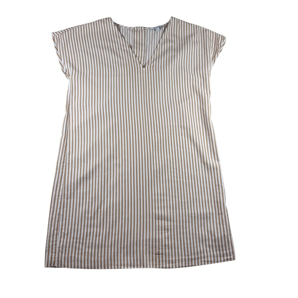 Madewell Striped V Neck Button Back Dress Women's Size Medium Tan White